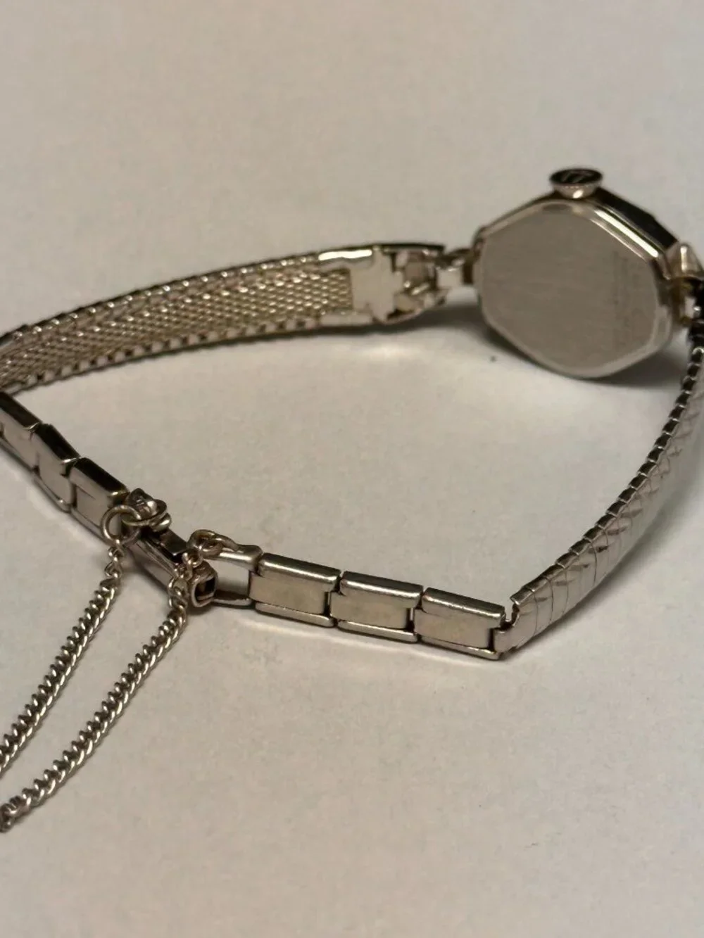 Caravelle Watch Silver Tone Small Dial 16MM Dainty Safety Chain Manual Wind